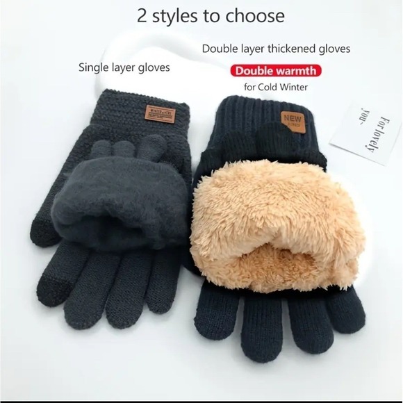 Unisex Thermal Warm Thick Fleece Lined Touchscreen Gray Knit Gloves NEW Winter - Picture 5 of 11